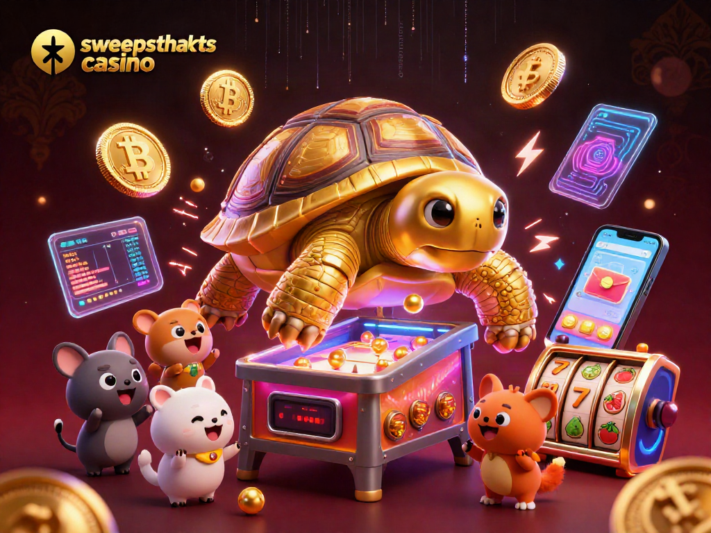 Sweepstakes casino vibrant scene with a golden tortoise pinball machine and excited animals waiting to play.