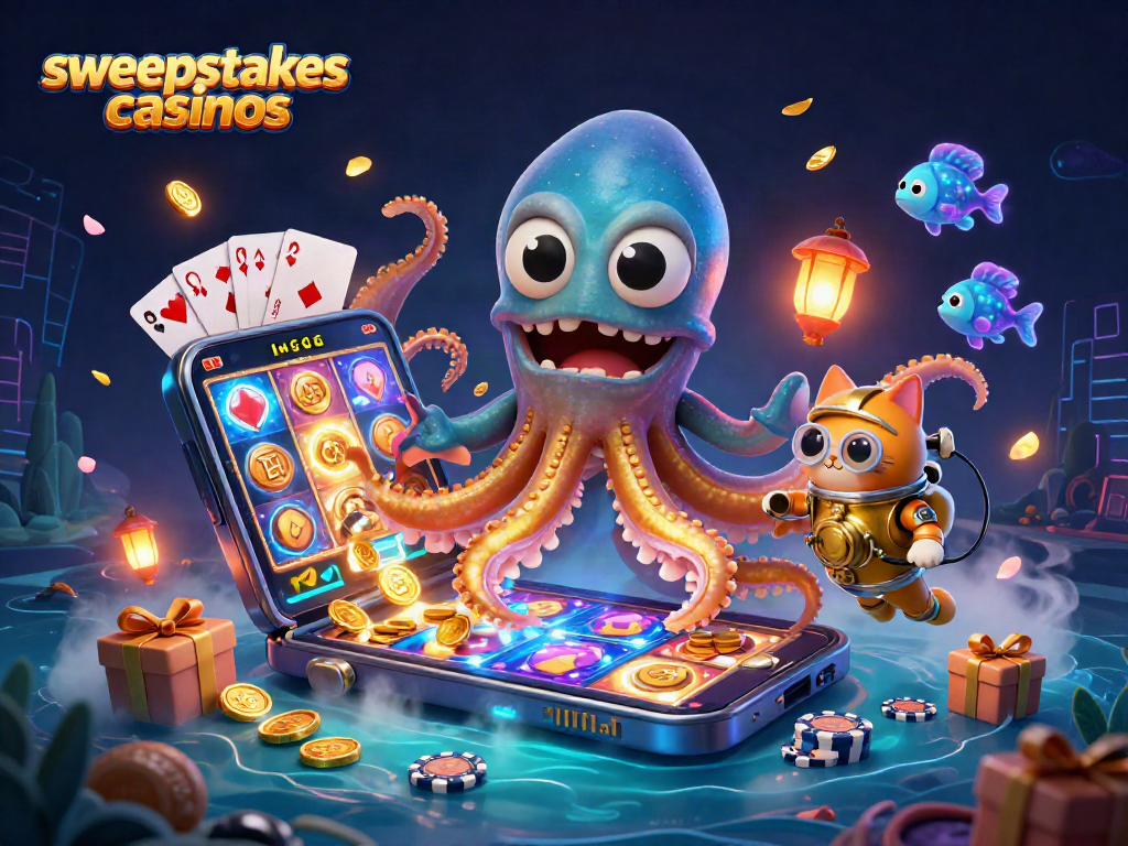 Experience exciting action at sweepstakes casinos with a kraken, diving cat, and underwater creatures.