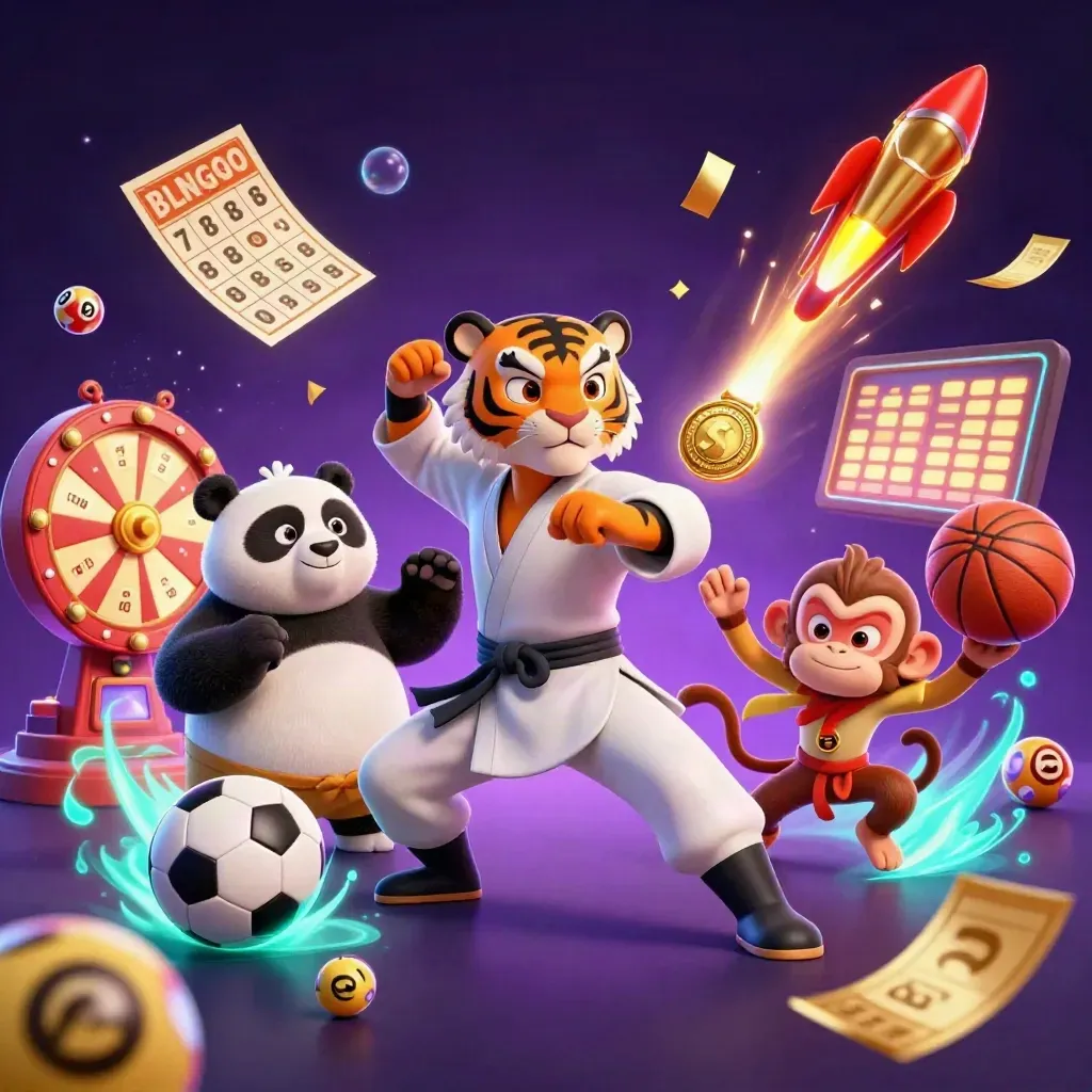 Kung-fu tiger, panda, and monkey amid flying sports balls, gold tickets, and neon casino glow.