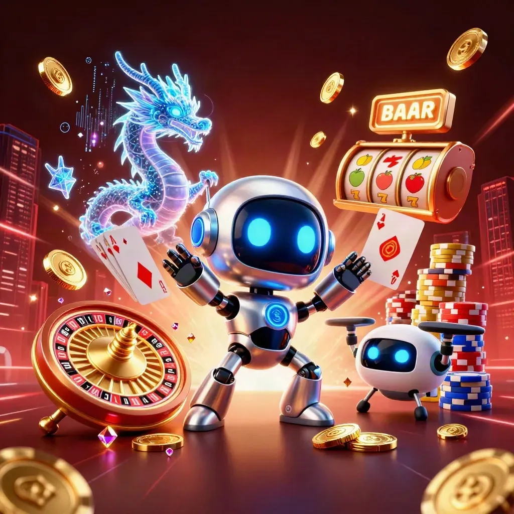 Cyberpunk robot, holographic dragon, and coin drone amid casino coins, chips, and neon light.