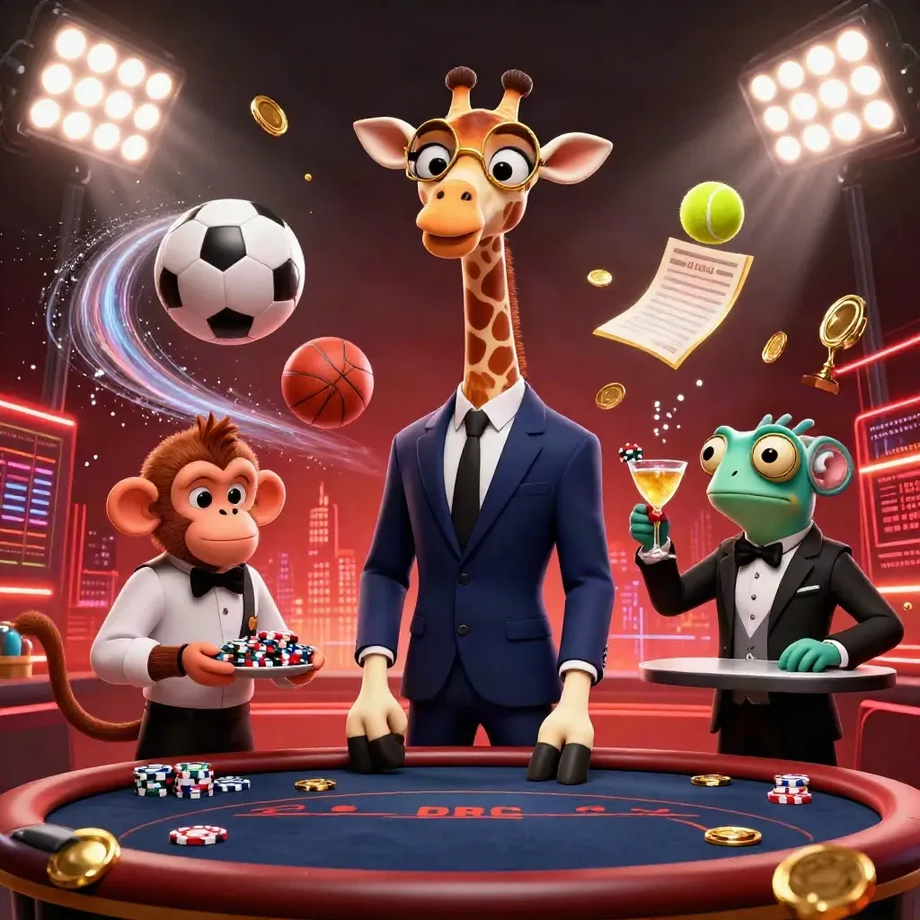 Three animal casino pros amid flying sports balls, coins, trophy, and stadium light burst.