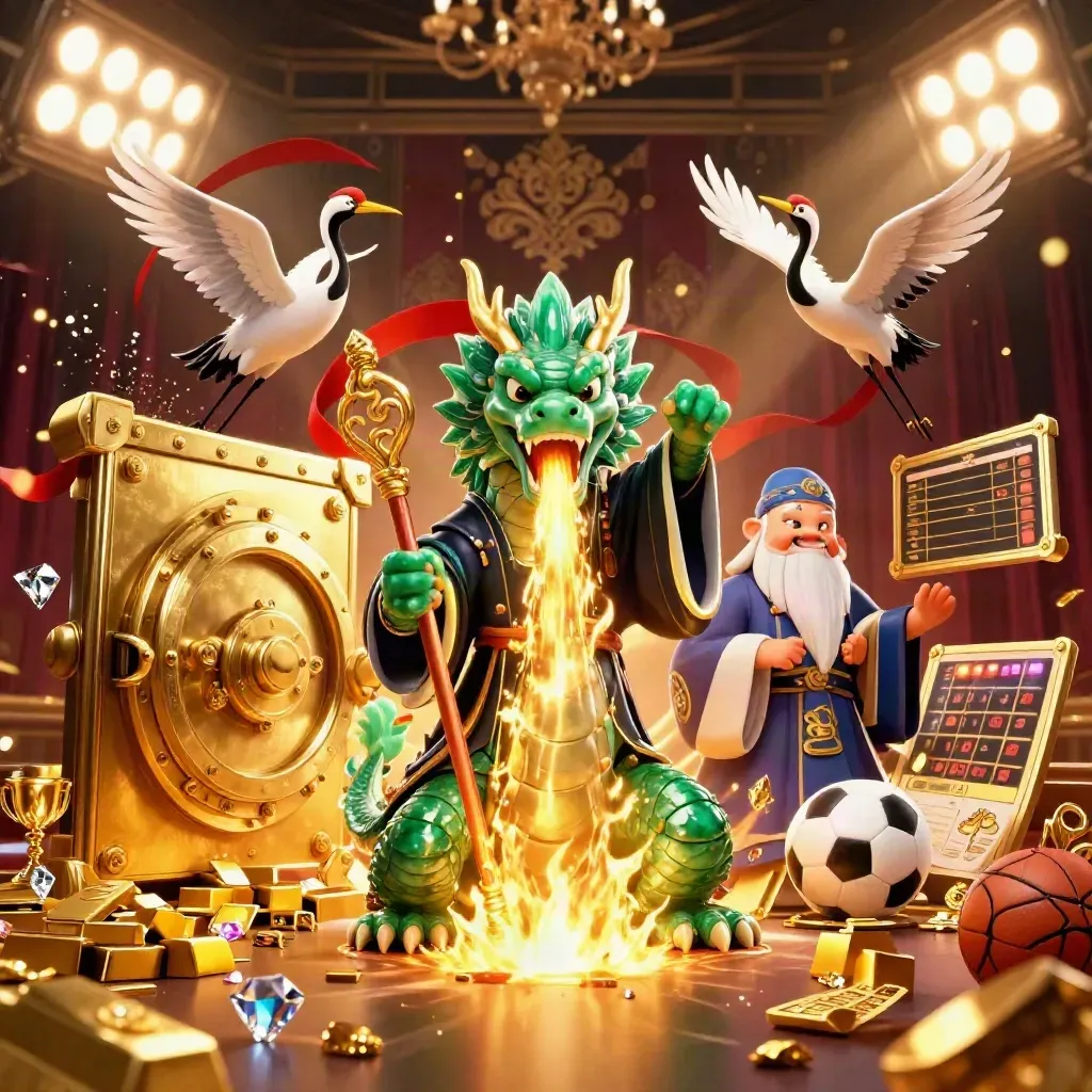 Jade dragon, turtle sage, cranes, gold vault, sports balls, and casino treasure.