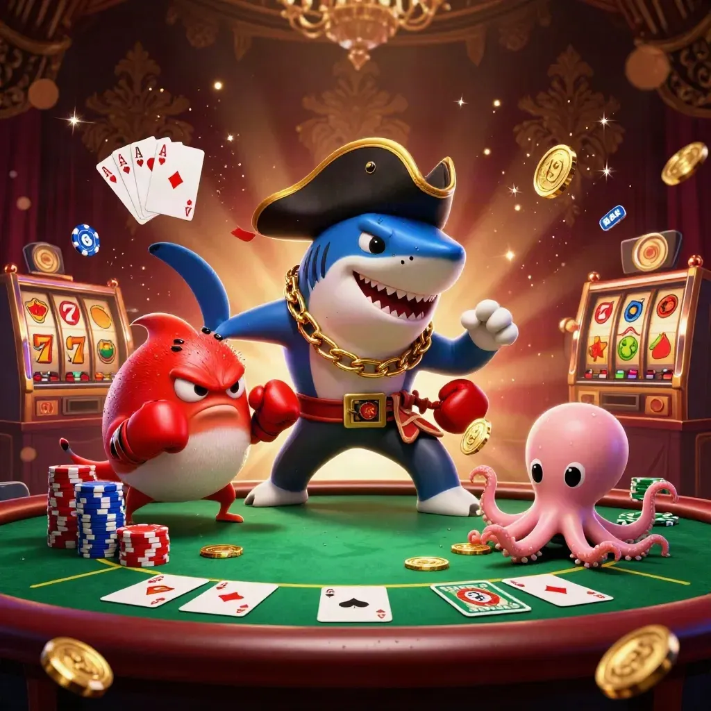 Cartoon shark pirate, red pufferfish, and baby octopus amid poker chips, aces, reels, and gold glow.