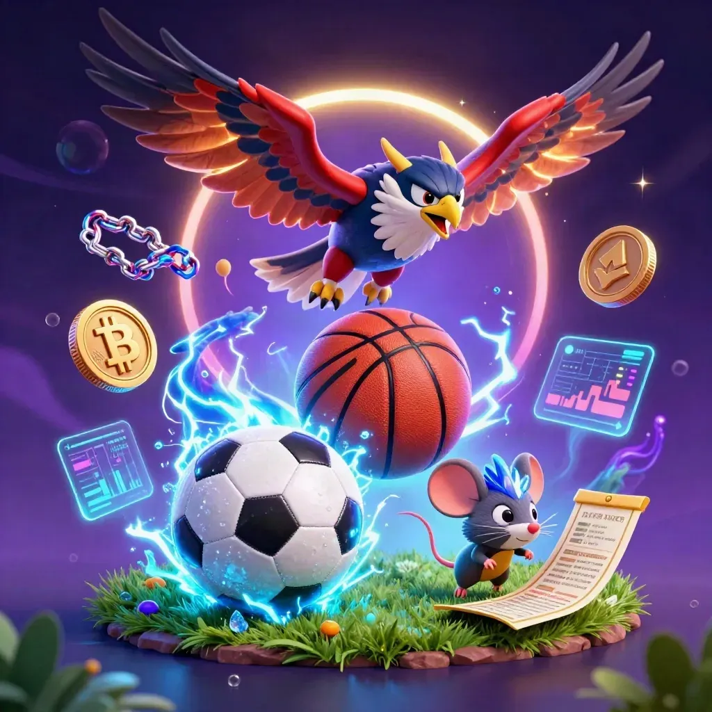 3D dragon, hawk, and mouse surge around sports balls, coins, and neon lightning on a dark galaxy backdrop