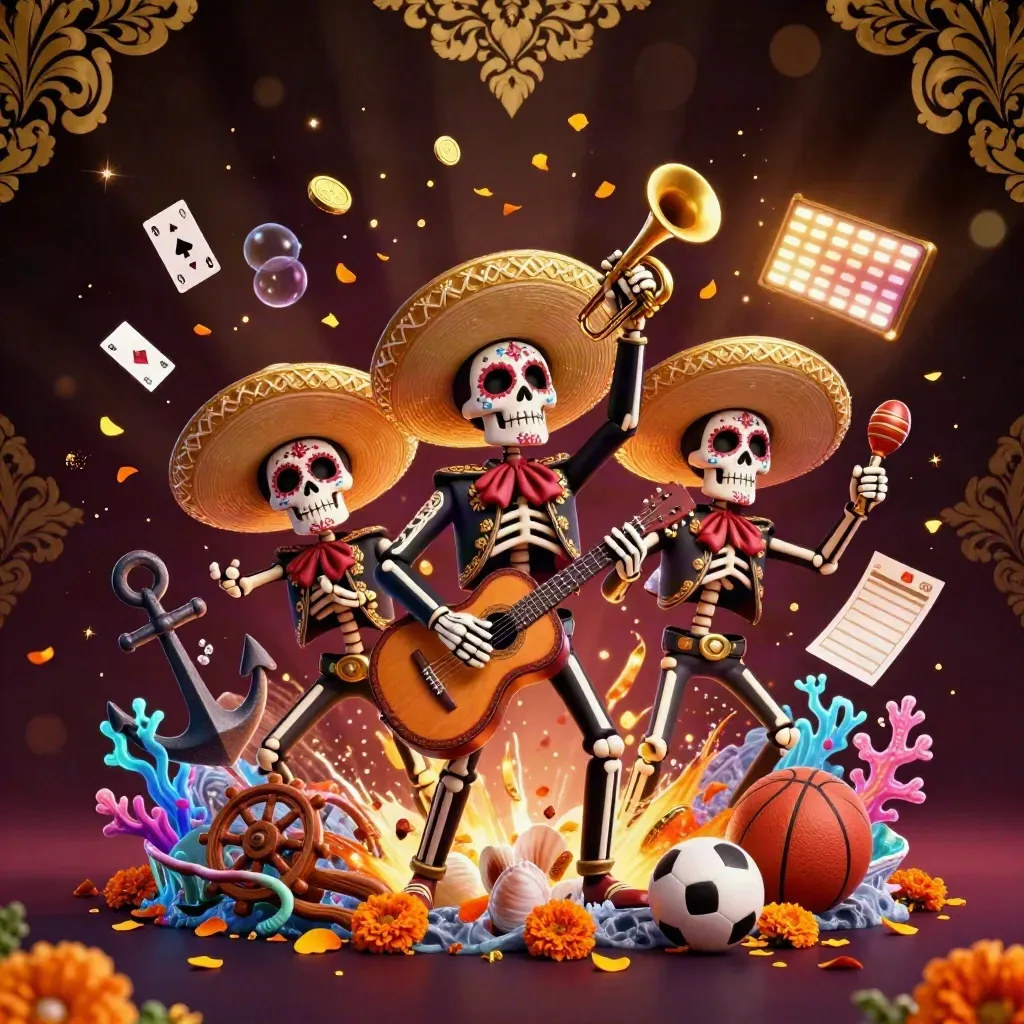 Skeleton mariachi trio in a glowing treasure cove with coins, coral, cards, and sports props.