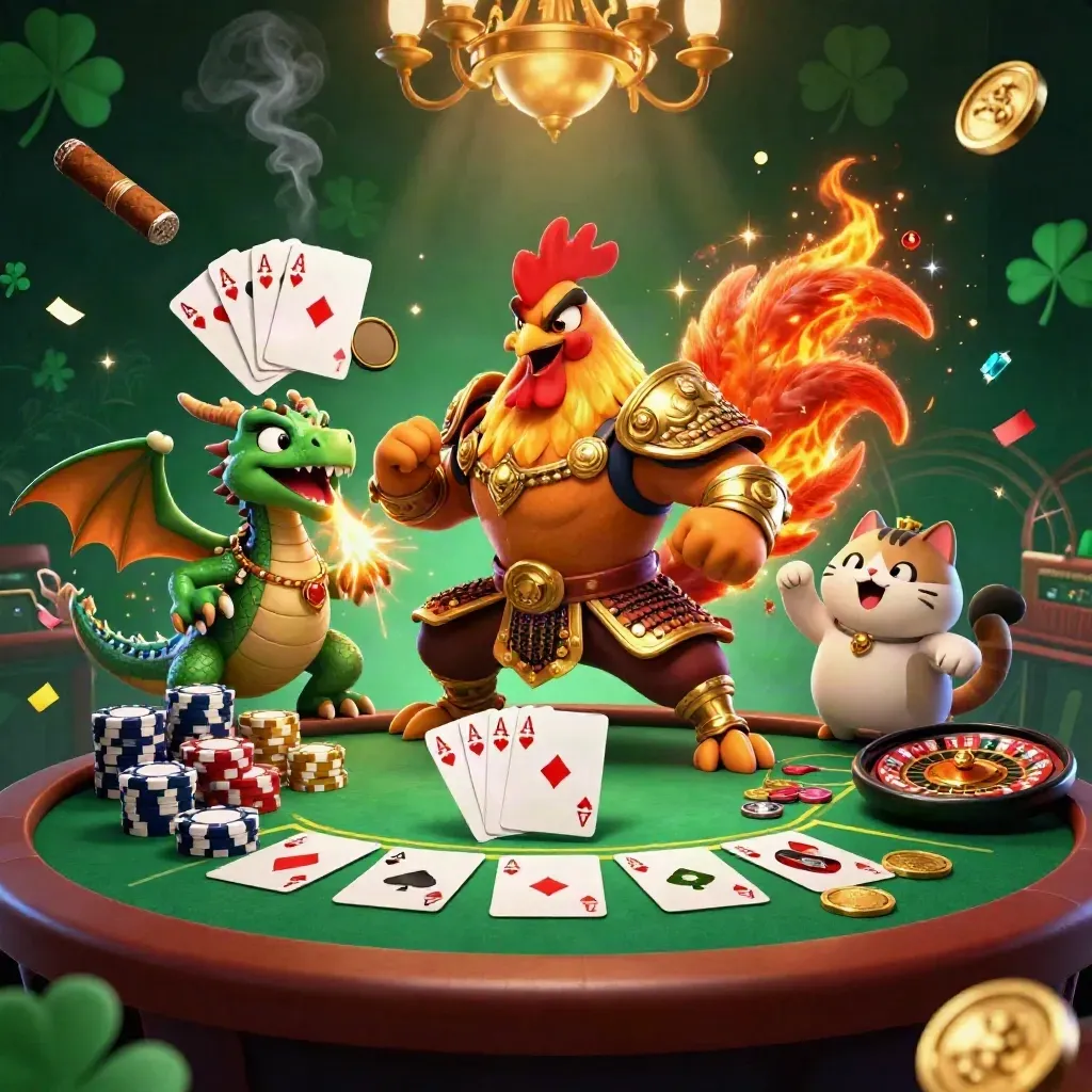 Rooster samurai, spark-breathing dragon and cheering fortune cat in a neon casino room.