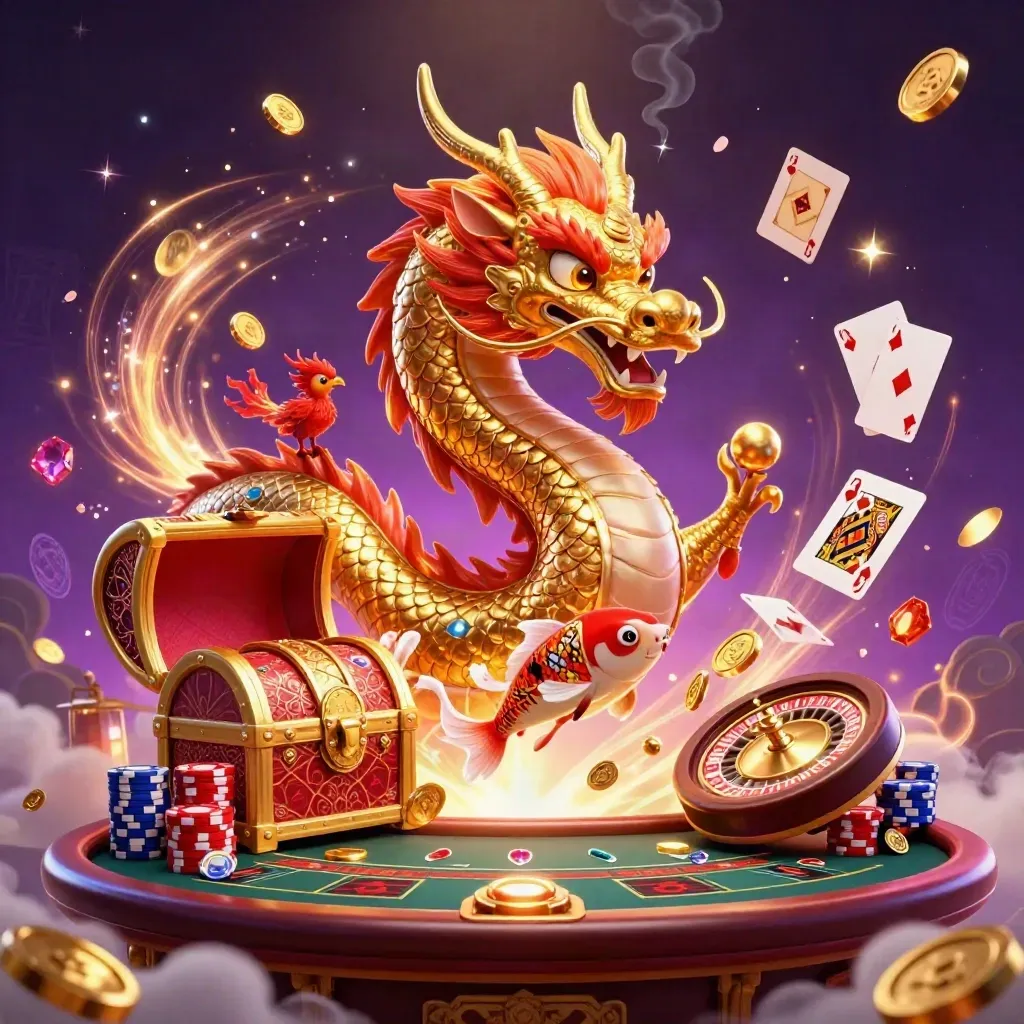 Golden dragon with phoenix and koi amid casino glow, roulette wheel, coins, cards and chips.