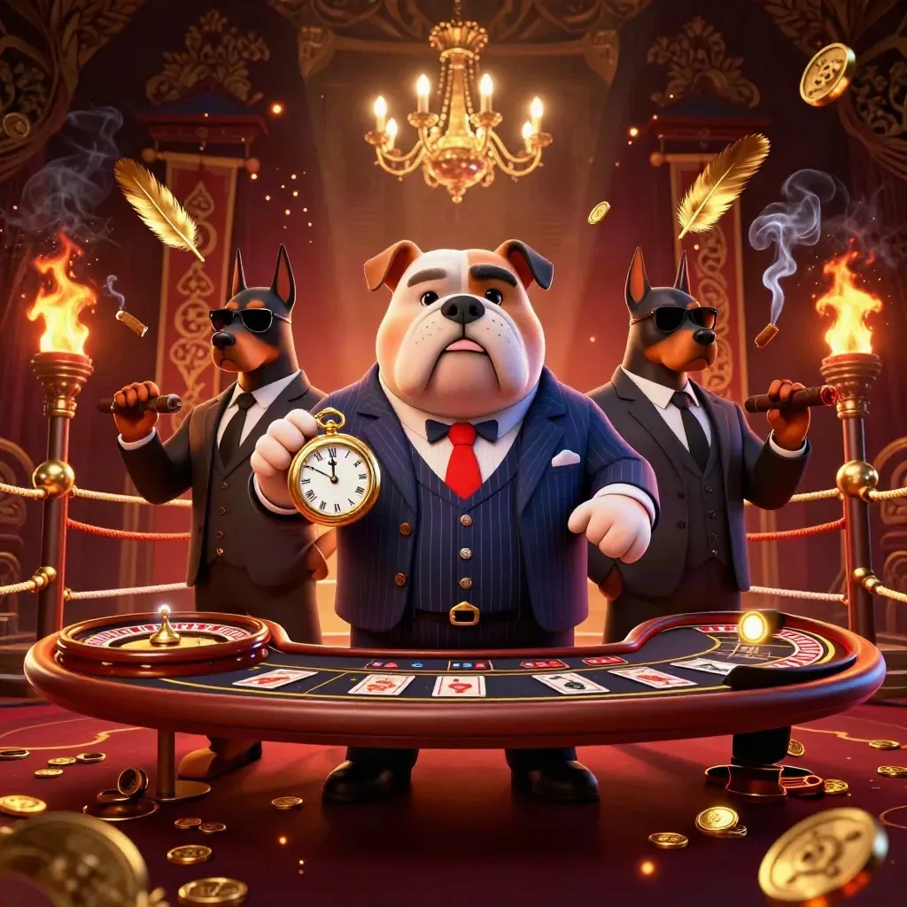 Bulldog mafia boss with Dobermans in a luxe casino scene with roulette glow, temple gate, and embers.