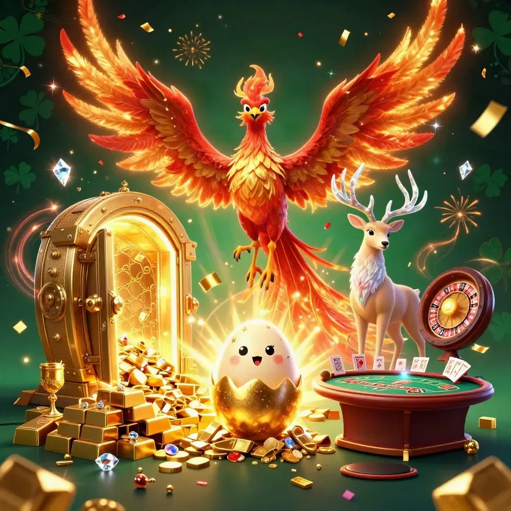 Phoenix, baby phoenix, and crystal stag amid vault light, gold, gems, fireworks, and casino glam.