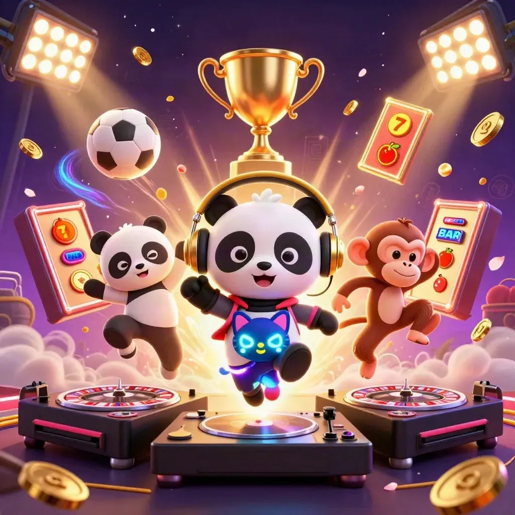 DJ panda, dancing monkey, and rave kitten blast through a gold casino fantasy with sports balls and coins.