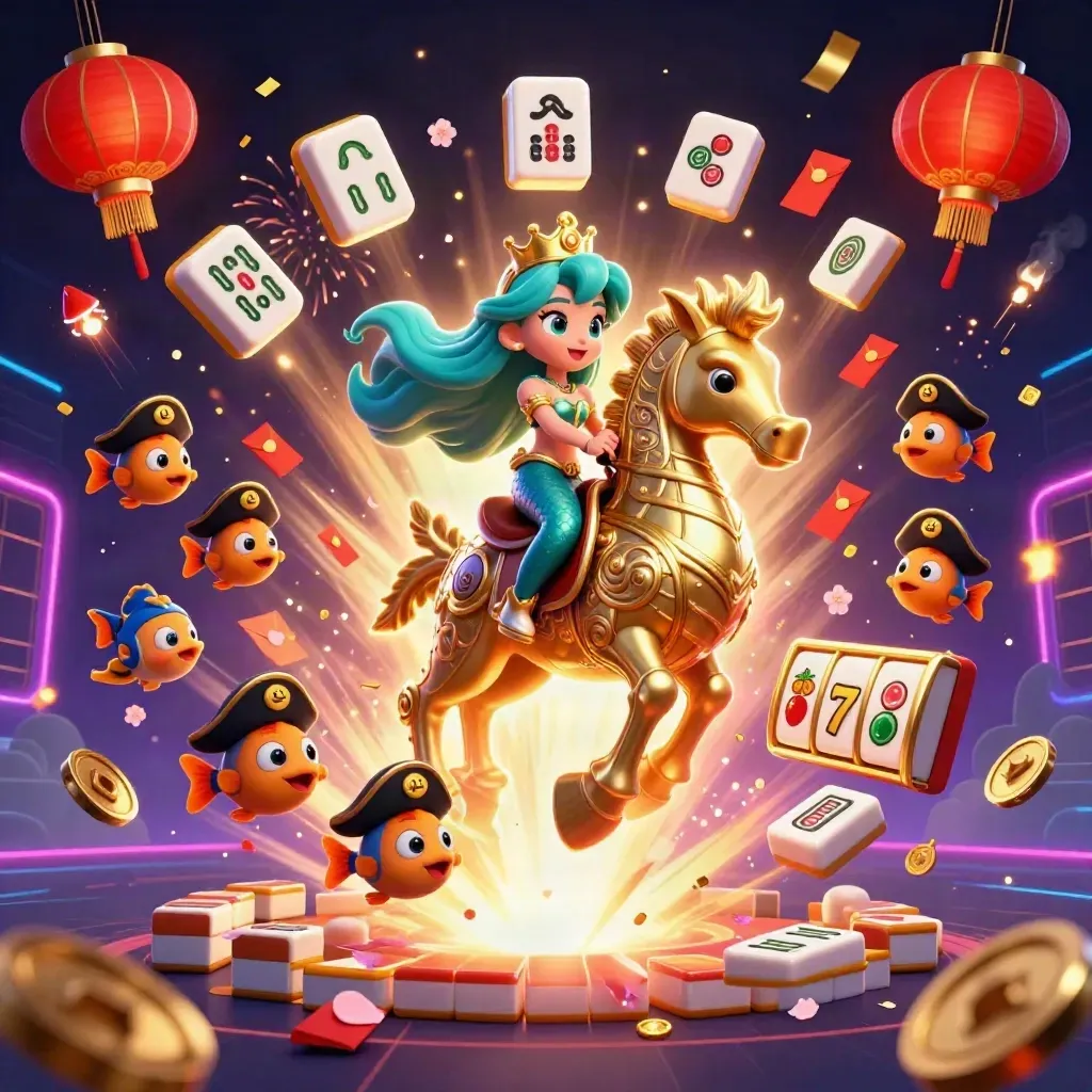 Mermaid princess on armored seahorse amid lanterns, coins, petals, and neon casino sparks.