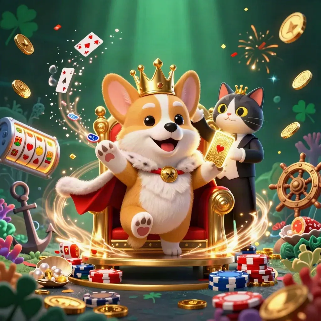 Royal corgi and cat butler amid treasure coins, coral, cards, fireworks, and gold casino glow
