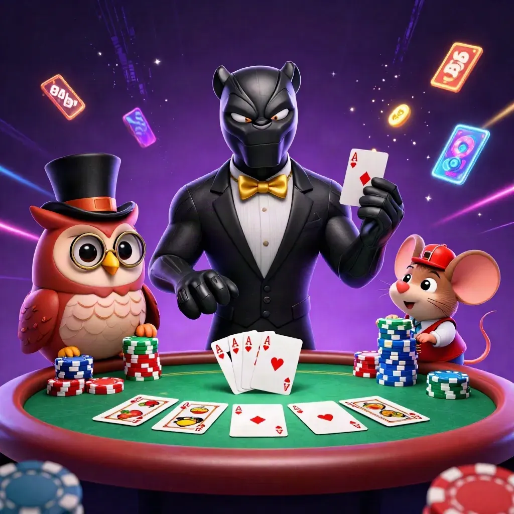 Neon casino scene with a tuxedo panther, owl, and mouse amid cards, chips, and glowing effects.