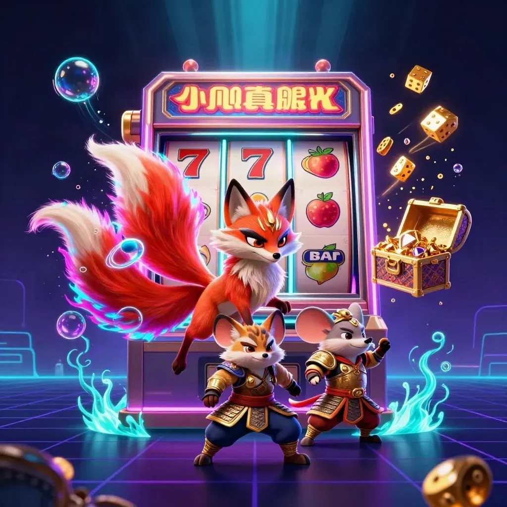 Fox spirit and armored mouse amid exploding slot machine, gold, gems, neon glow.