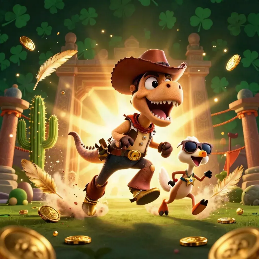 Cowboy T-Rex, cactus sidekick, and sheriff roadrunner burst coins before a temple gate.