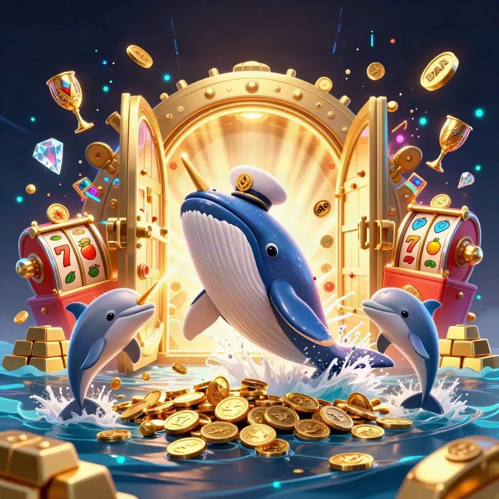 Whale captain, narwhal, and dolphins burst through coins and a glowing vault