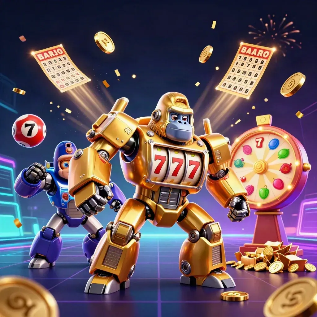 Golden gorilla slot mech with monkey pilot, coins, lottery balls, fireworks, and neon casino glow.