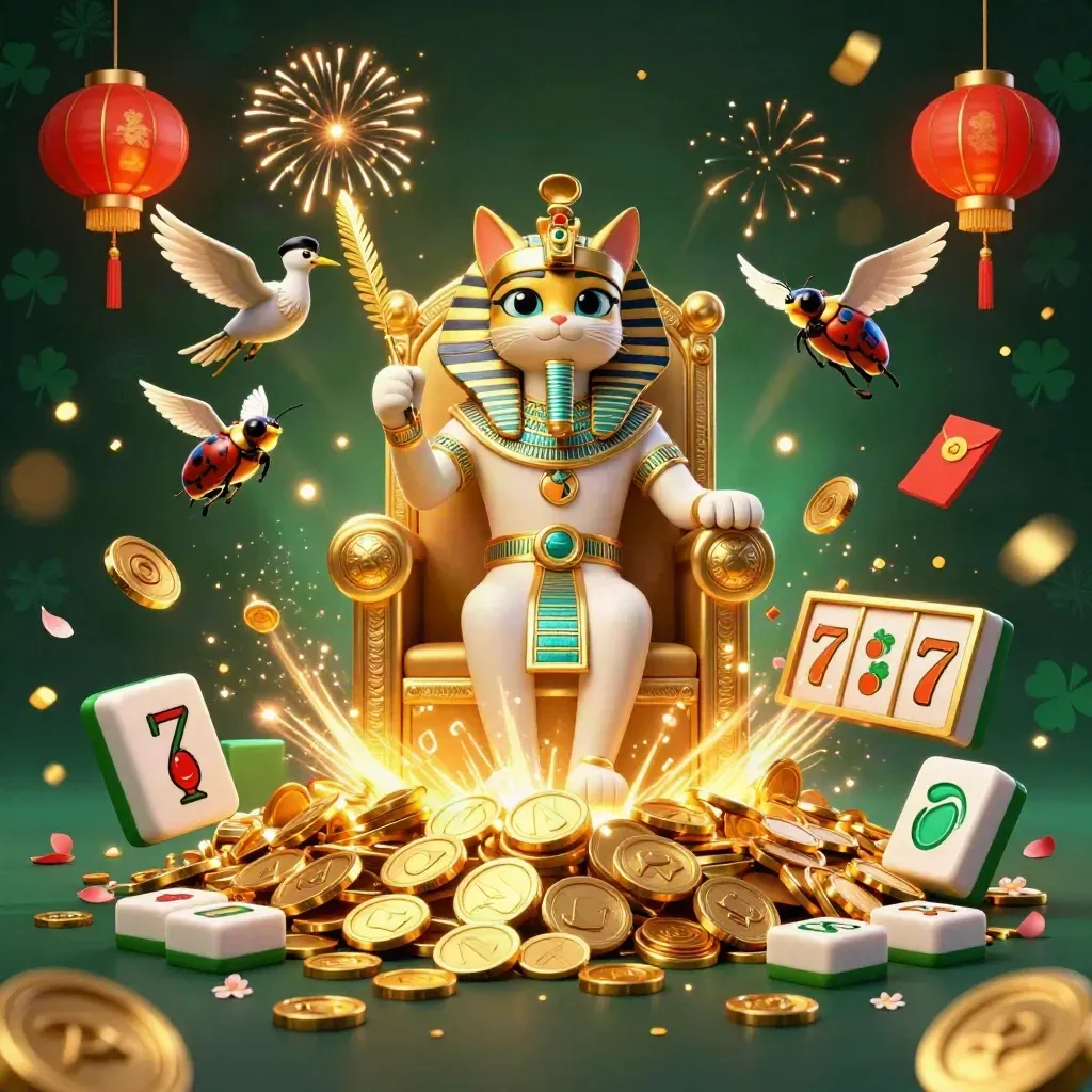 Pharaoh cat on gold throne with ibis scribe, scarabs, coins, lanterns, and fireworks