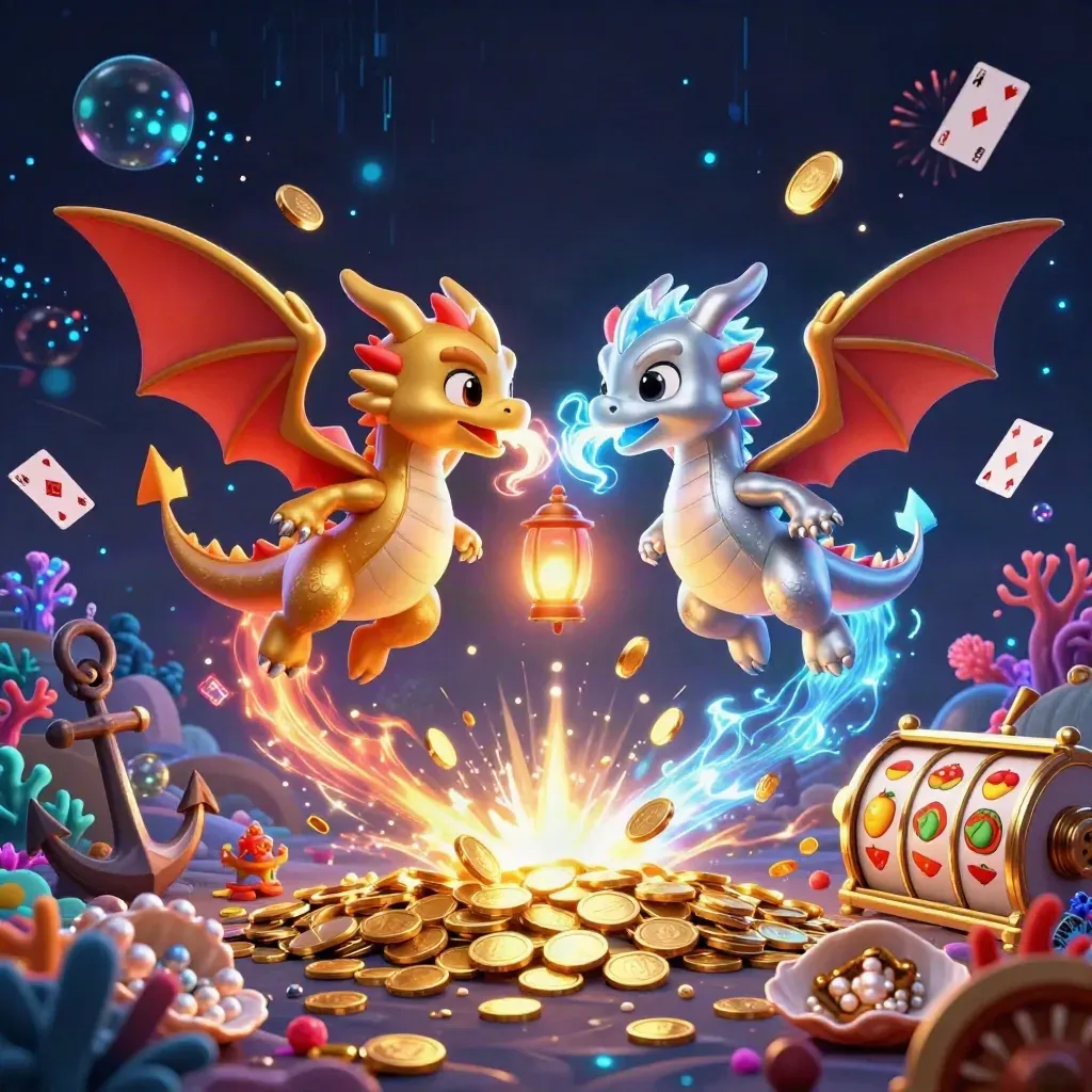 Twin gold and silver dragons amid coins, coral, reels, and fire-and-ice magic