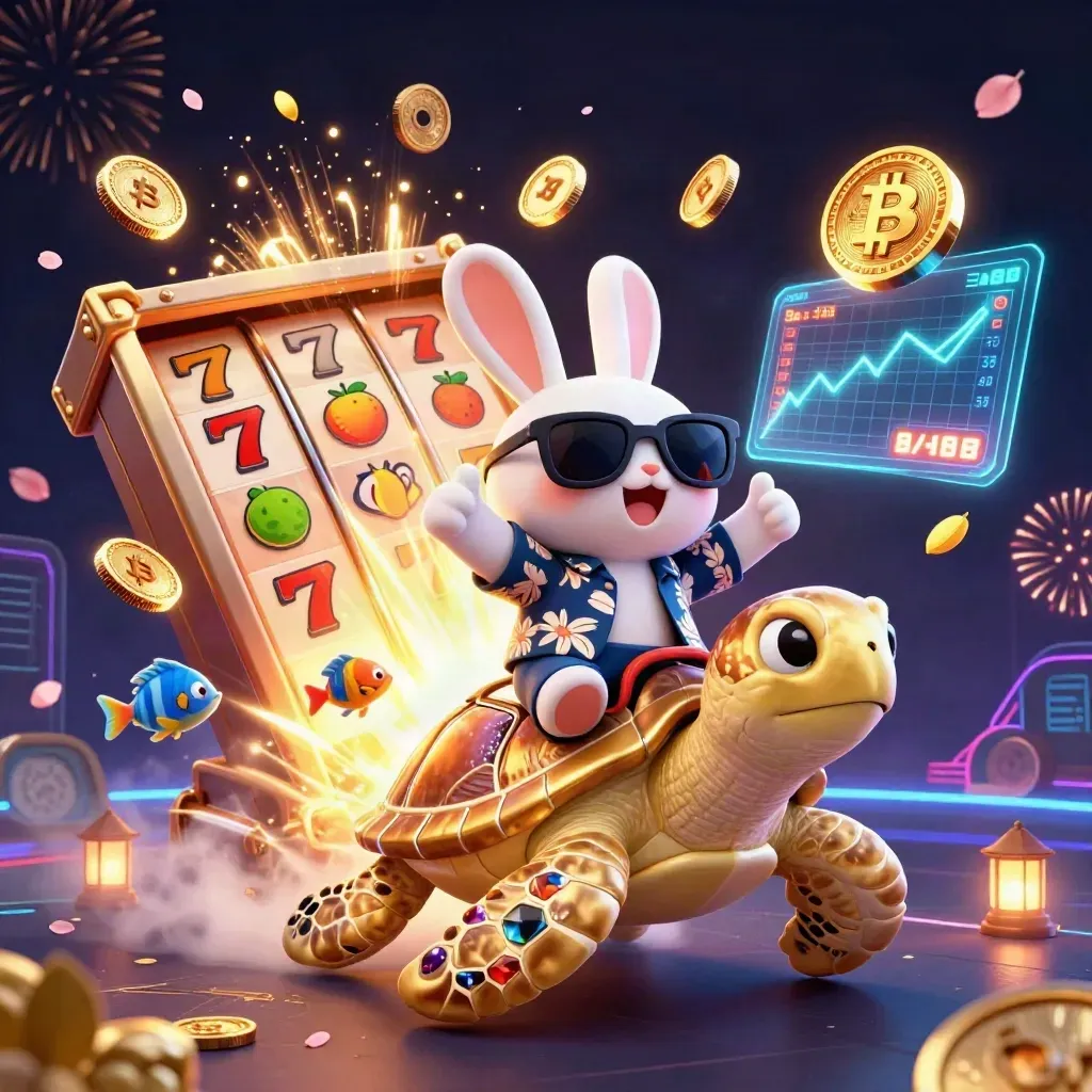 Cartoon rabbit on a golden sea turtle amid coins, fireworks, slot reels, and neon crypto effects.