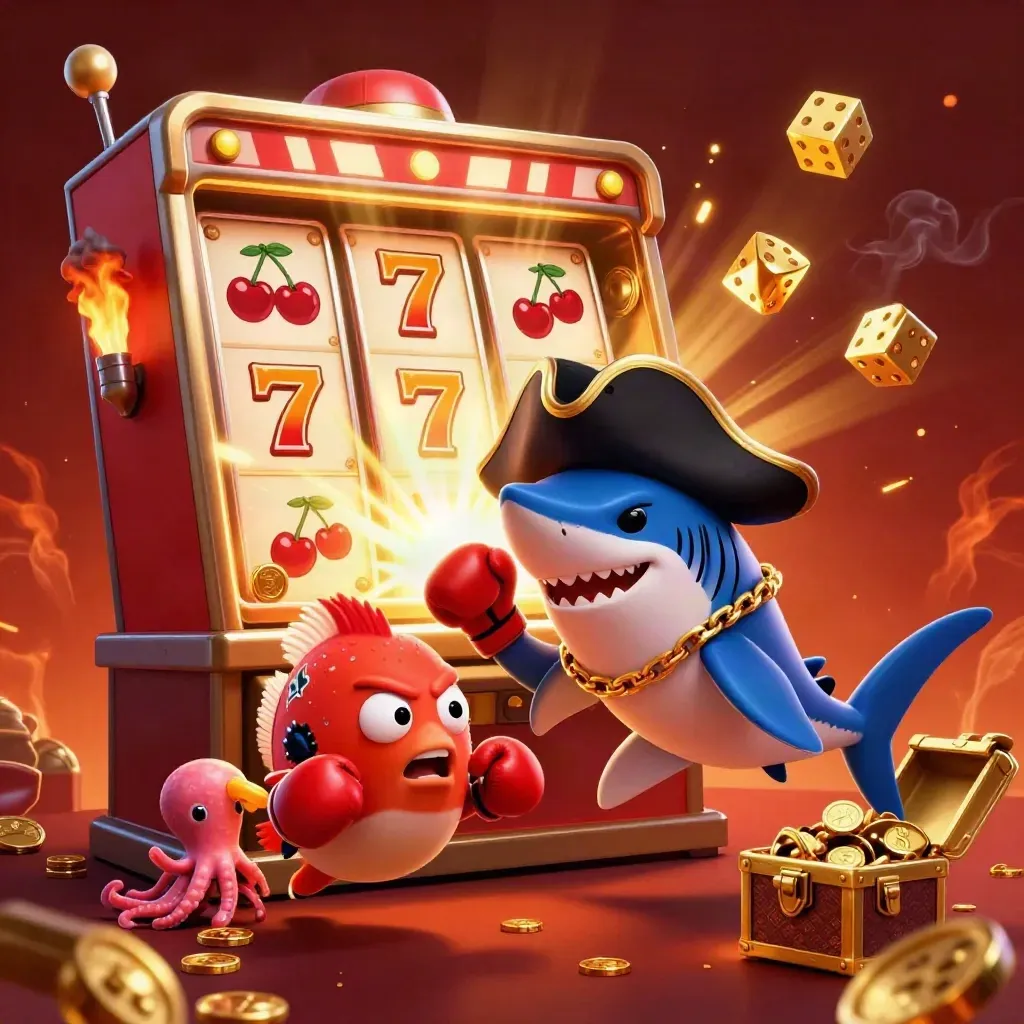 Pirate shark, boxing pufferfish, and juggling octopus burst from a glowing slot machine.