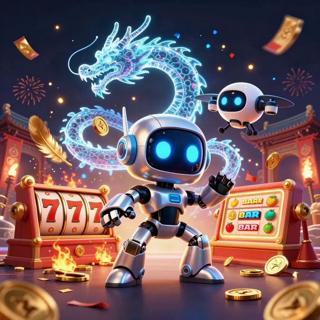Cyberpunk robot, holographic dragon and coin drone amid slots, coins, temple gate and fireworks.