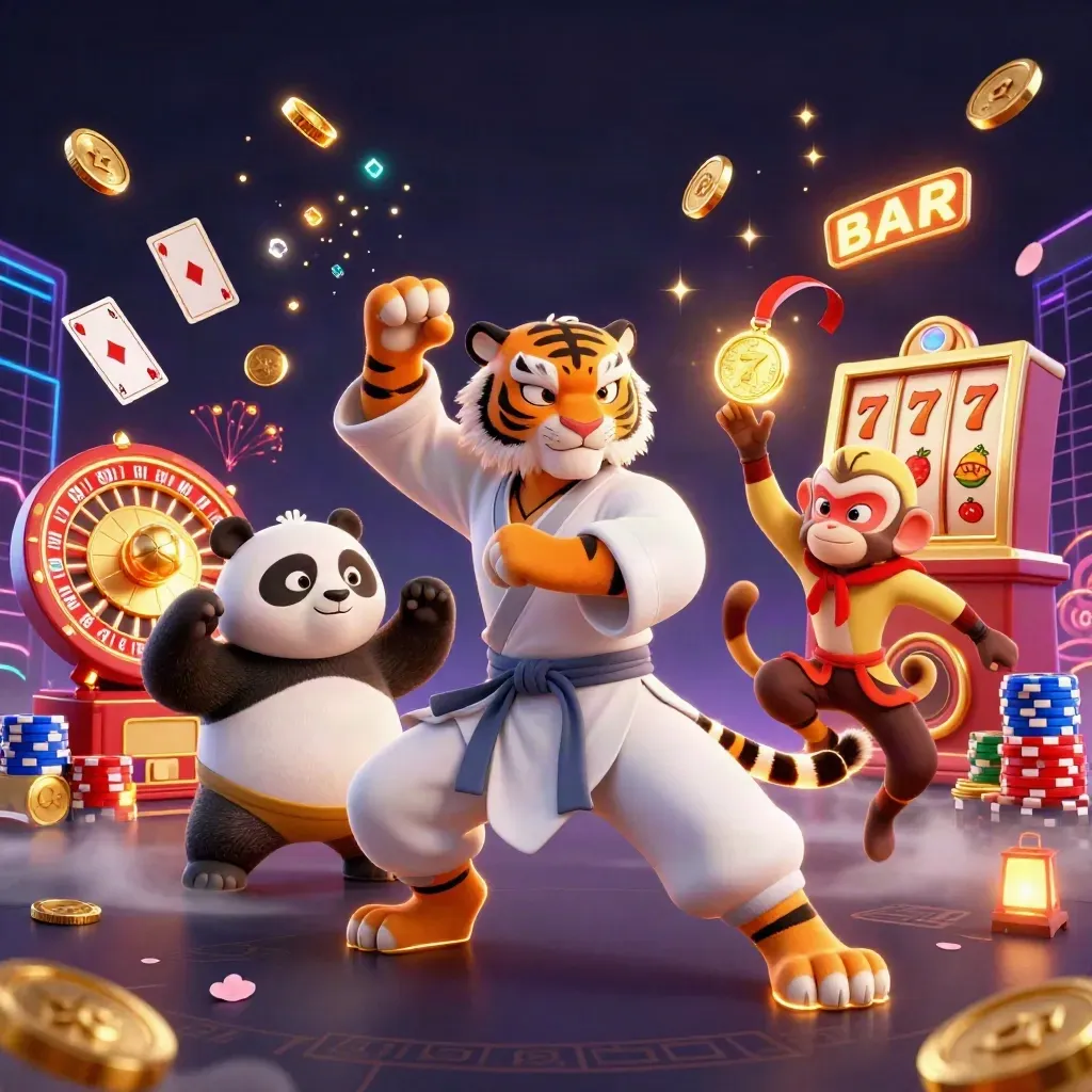 Kung-fu tiger, panda, and monkey amid casino symbols in a neon patriotic slot scene.