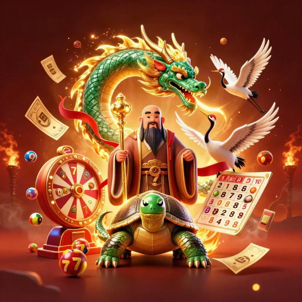 Jade dragon, turtle sage, and cranes amid casino symbols and golden fire