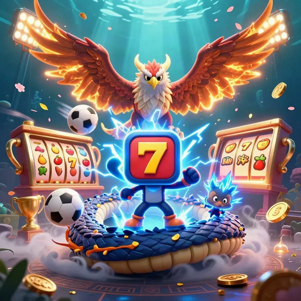 Electric dragon, hawk, and thunder-mouse burst amid casino symbols and gold coins.