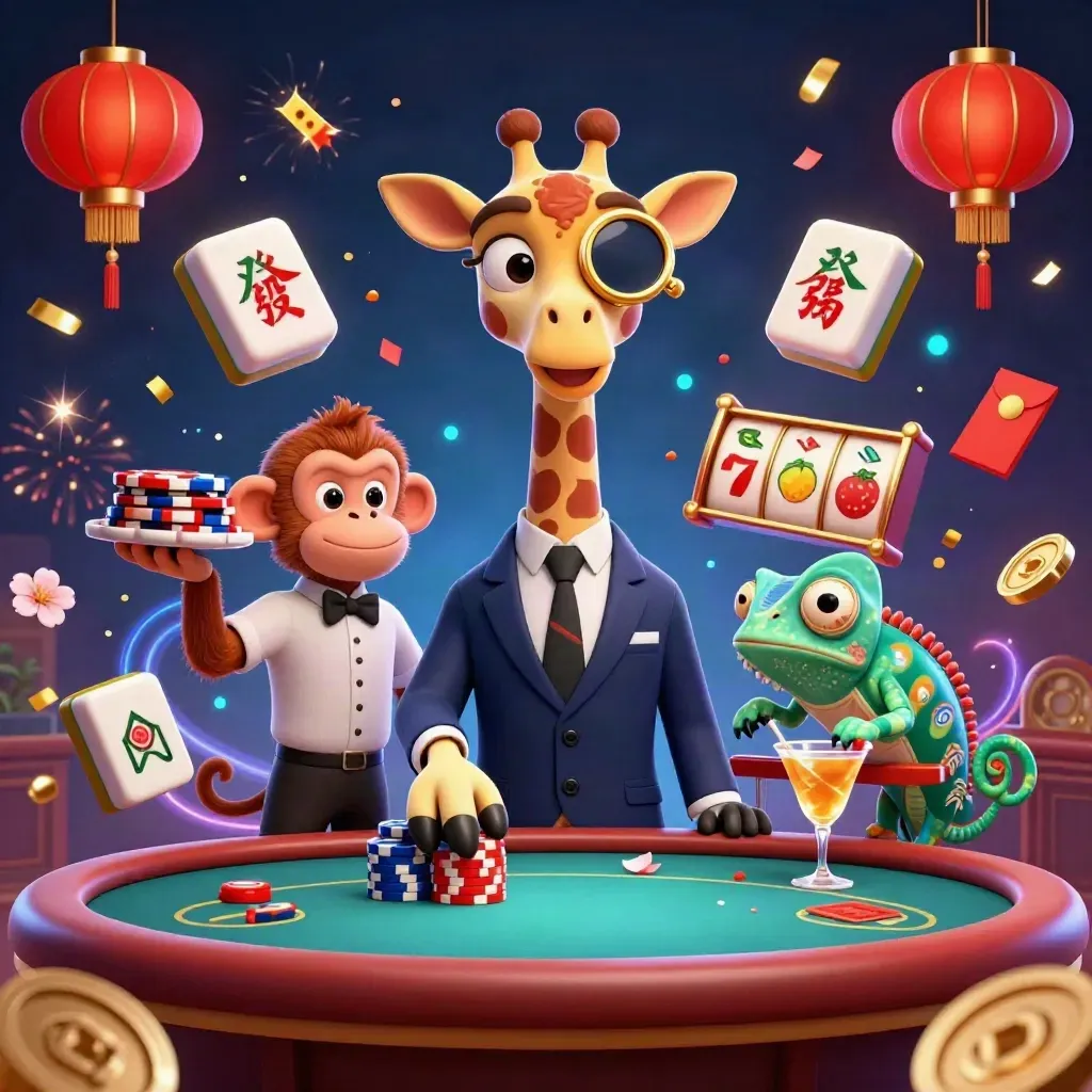 Giraffe high roller, monkey valet, and chameleon bartender amid casino luck and fireworks.
