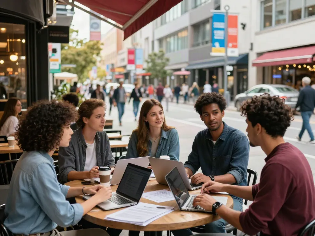 Team collaboration in a vibrant urban setting emphasizing proactive strategies with rokok88.