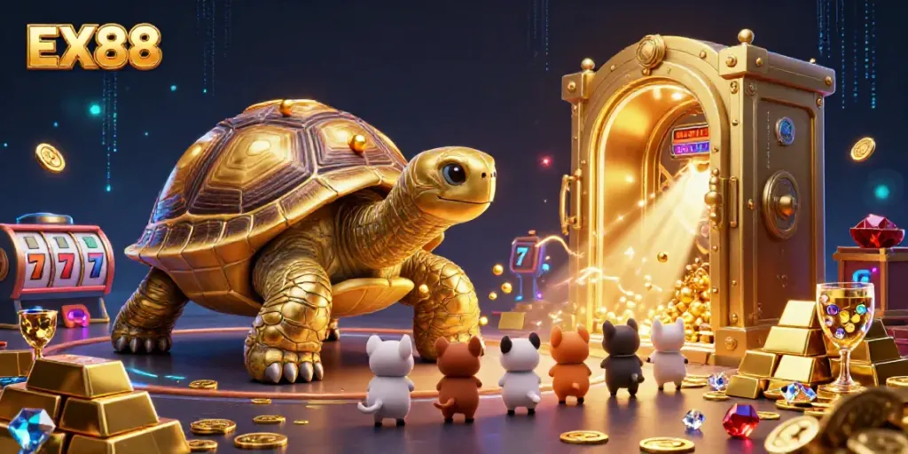 Experience the excitement of winning at EX88 with a colorful gaming scene featuring a pinball tortoise amidst majestic treasures.