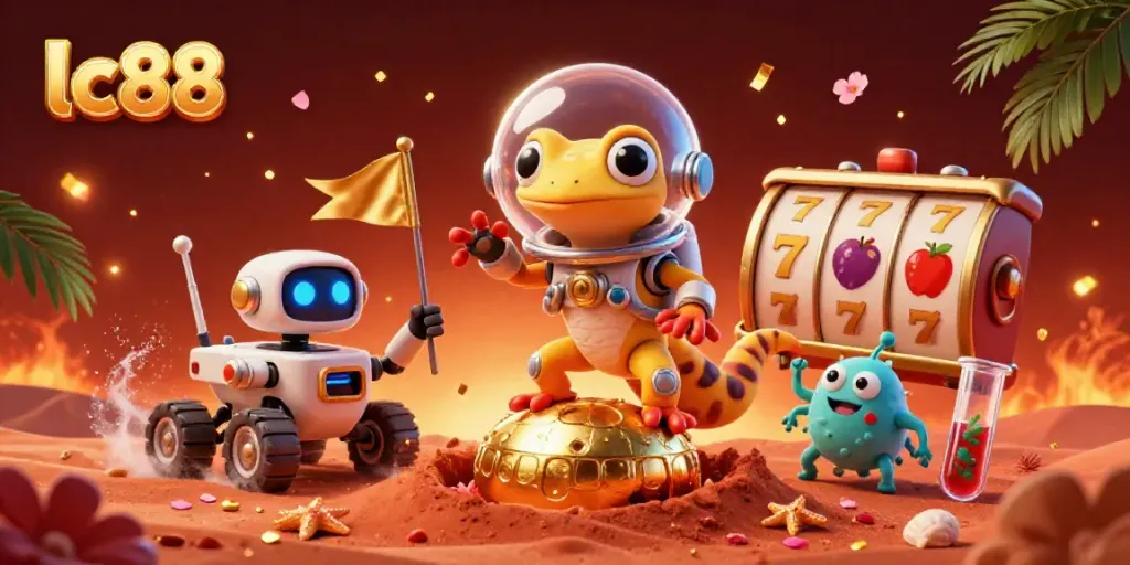 Experience lucky moments at lc88's Martian casino with vibrant gaming elements and energetic characters.