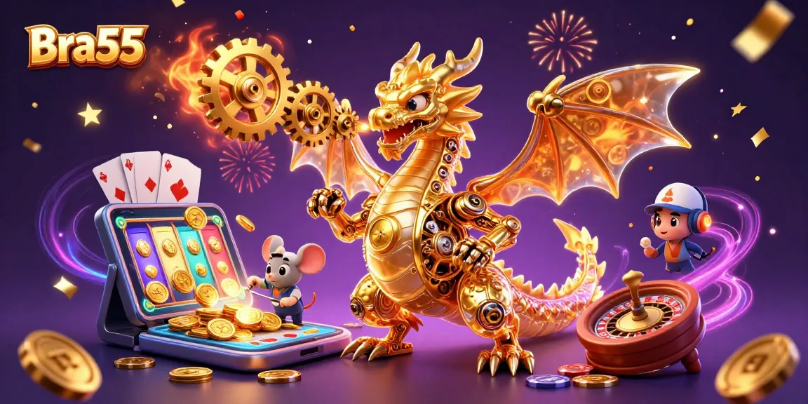 Engage with exciting gameplay at Bra55 as golden coins and cards scatter around an enchanting dragon.