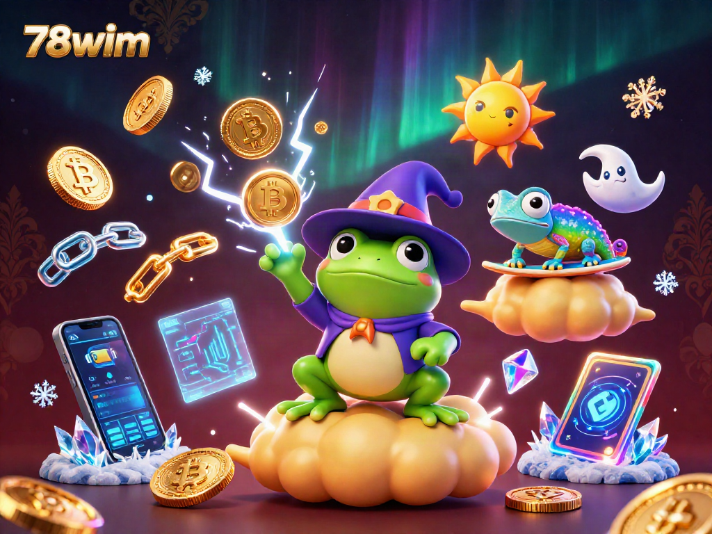 Engage with 78wim as the weather wizard frog conjures a gold coin storm in a vibrant casino scene.