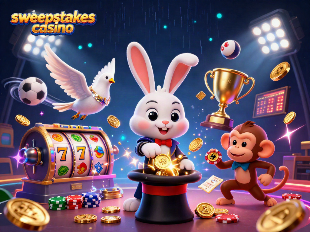 Sweepstakes casino illustration showcasing a magician rabbit and characters celebrating wins with golden coins and dynamic game elements.