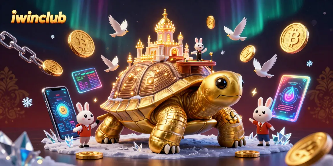 Engage with iwinclub's vibrant 3D casino scene featuring a golden tortoise and crypto elements.