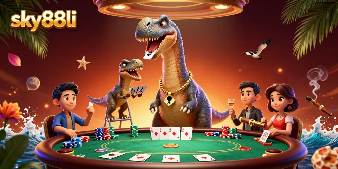Experience sky88li's exciting games with a vibrant poker showdown under a towering dinosaur.