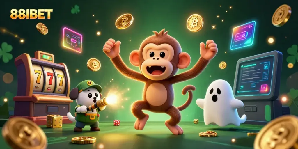 Experience the thrill of 88IBET with a mischievous monkey juggling golden casino elements in a vibrant scene.