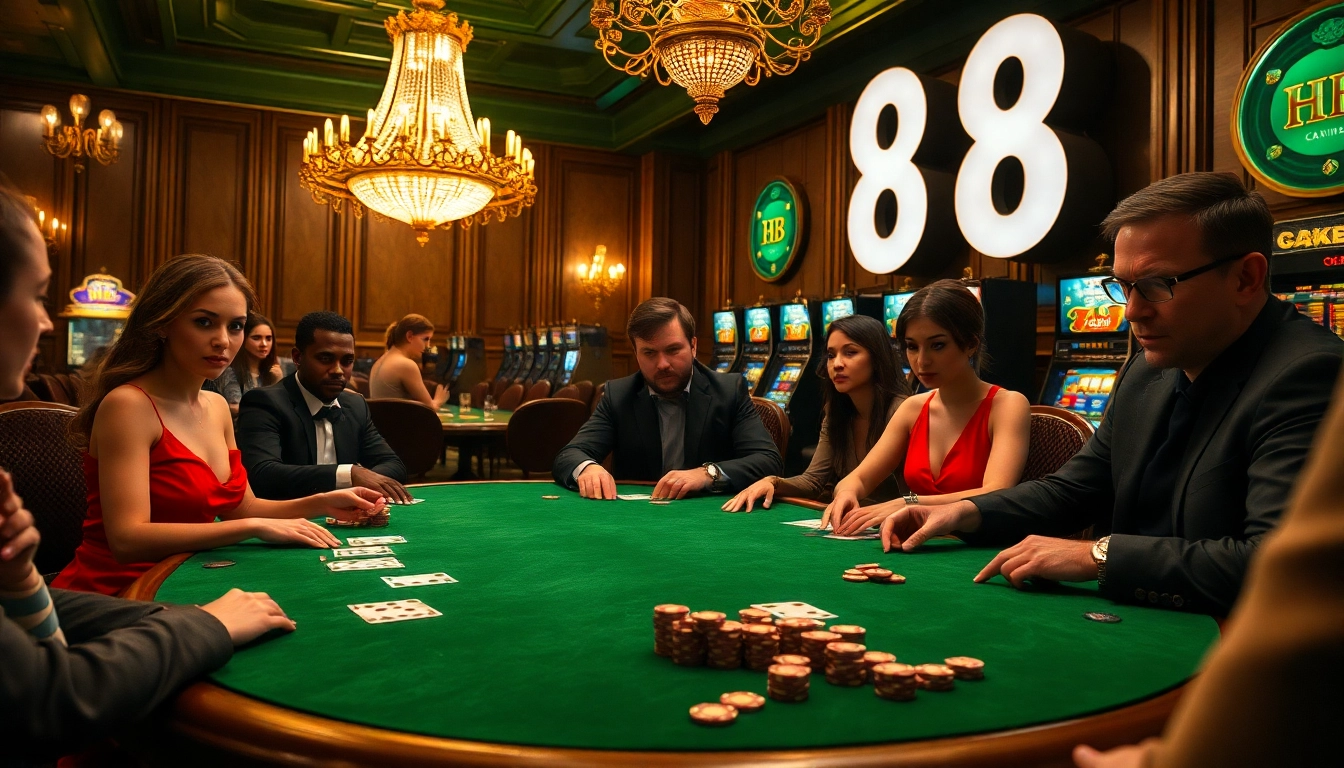 Engaging poker scene in a luxury casino highlighting Hb 88 with players strategizing their bets.