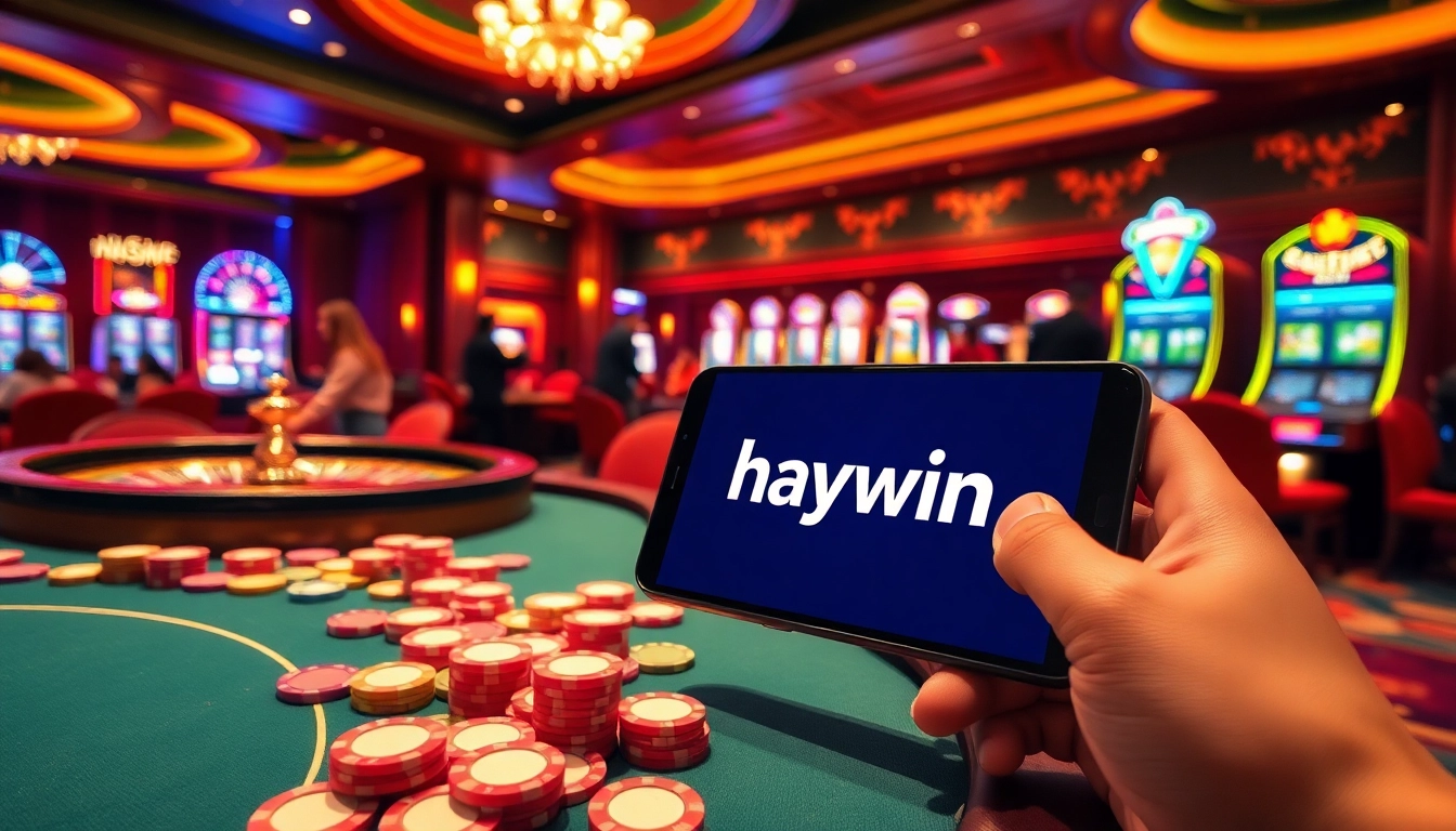 The app haywin enhances your gambling journey, showcasing excitement with poker chips and a roulette wheel.