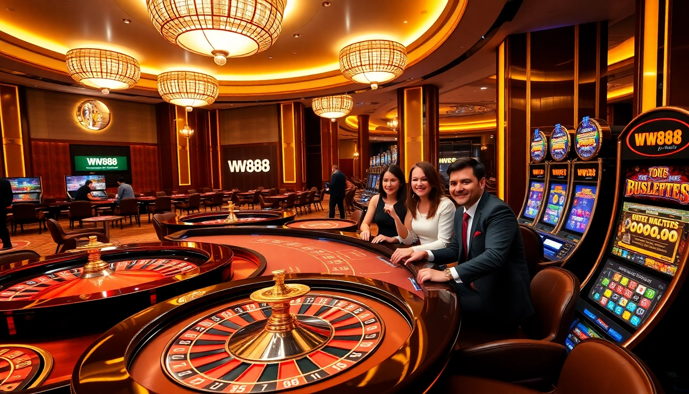 WW88 casino scene with players enjoying roulette and slot machines in a luxurious environment.