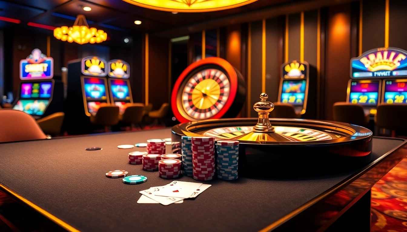Experience the vibrant F8BET casino environment with poker cards and roulette excitement.