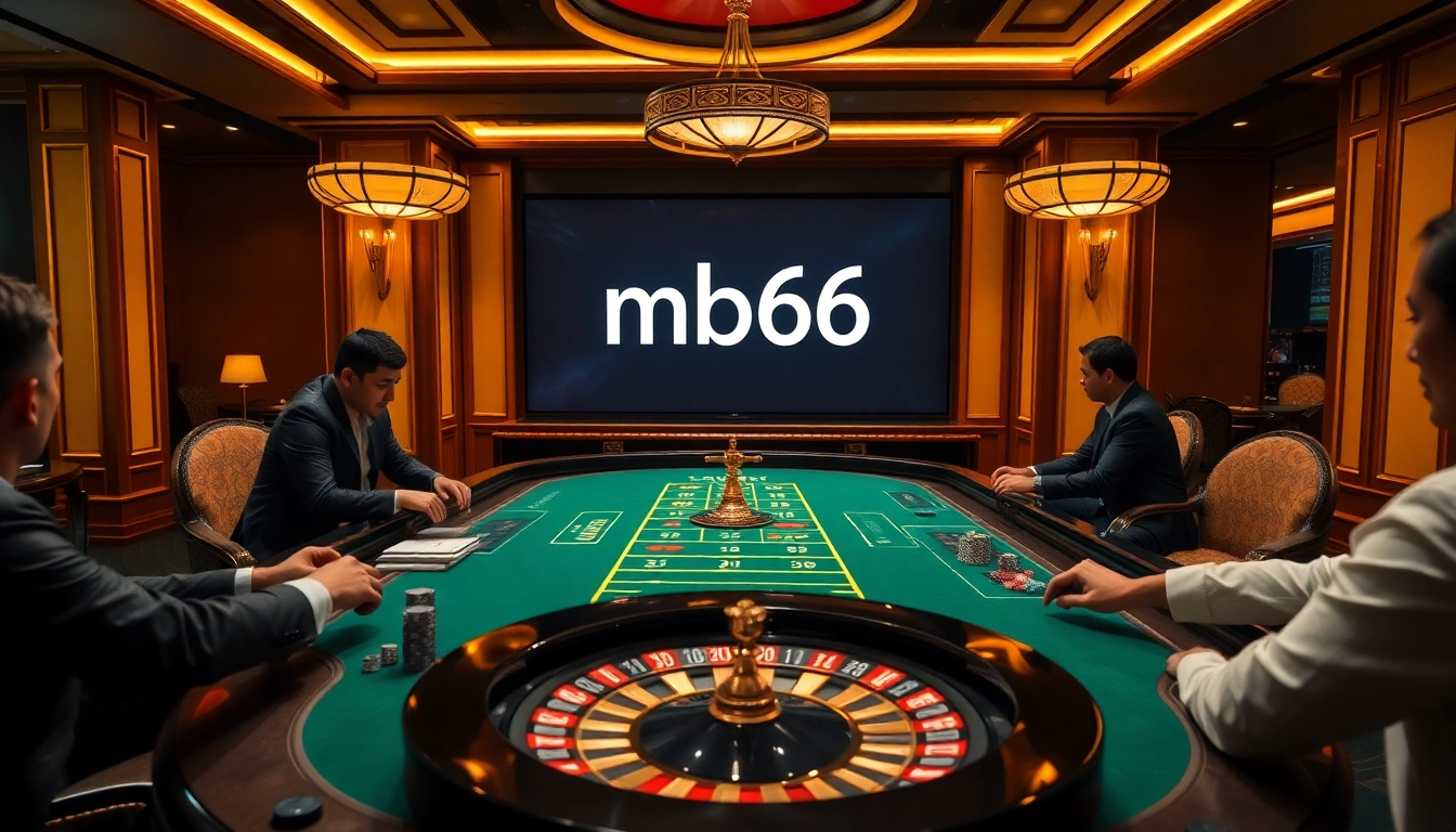Engaging scene of players gambling at a luxurious MB66 casino table with poker chips and cards.