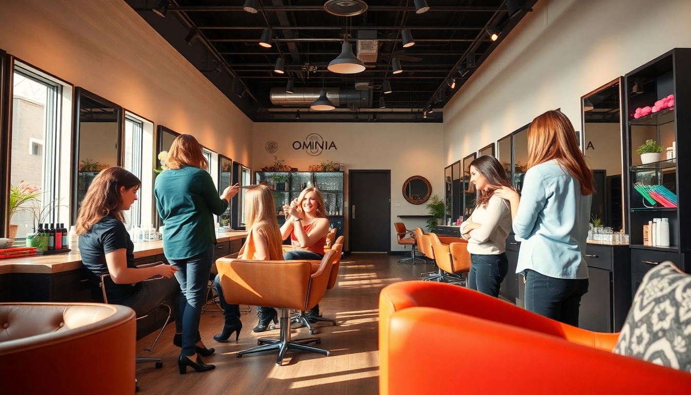 Experience the artistry of Omnia Salon with professional stylists and eco-friendly Aveda products transforming clients' hair.