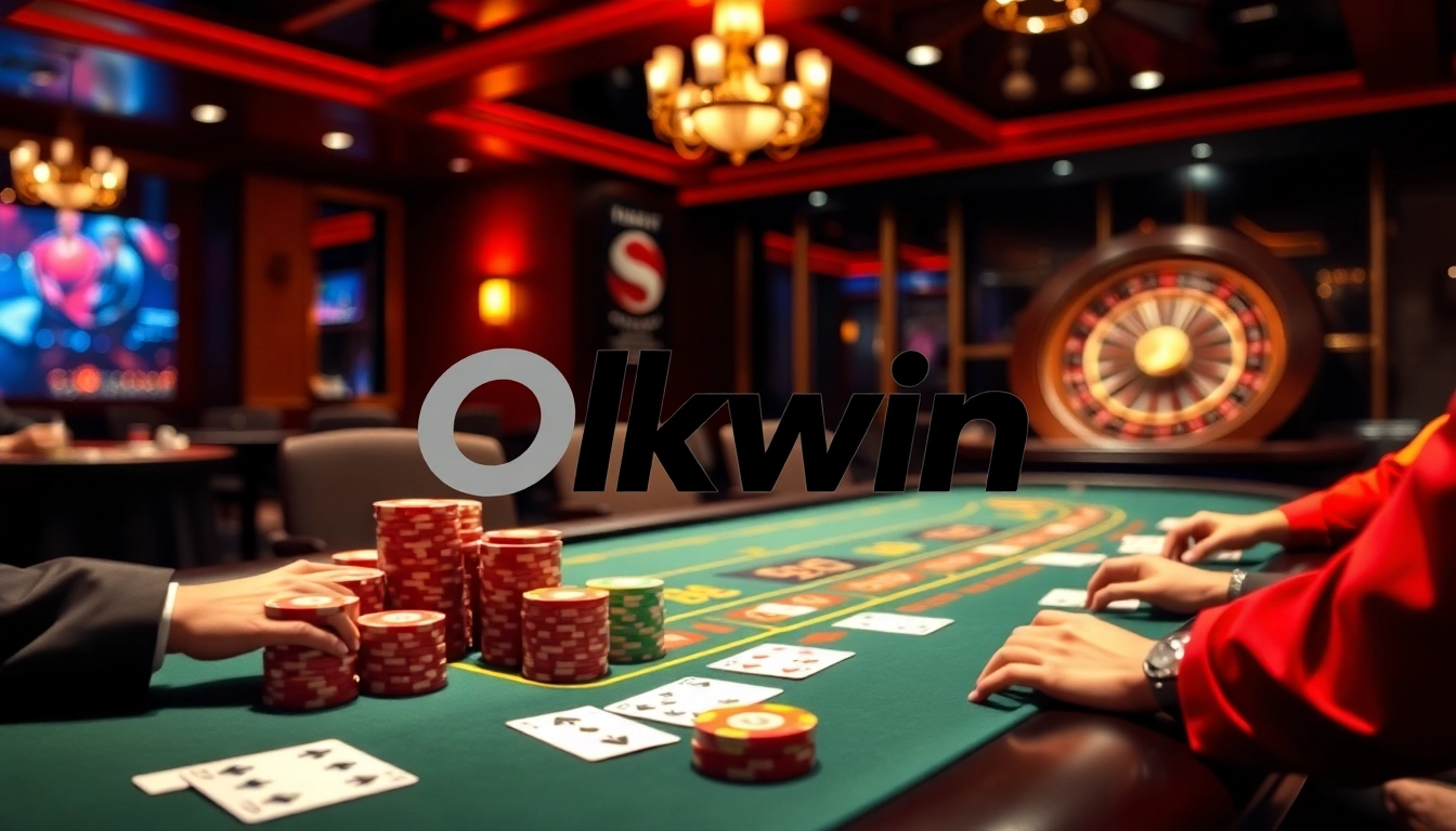 Experience the excitement of Okwin as players engage at a luxurious blackjack table in a upscale casino.