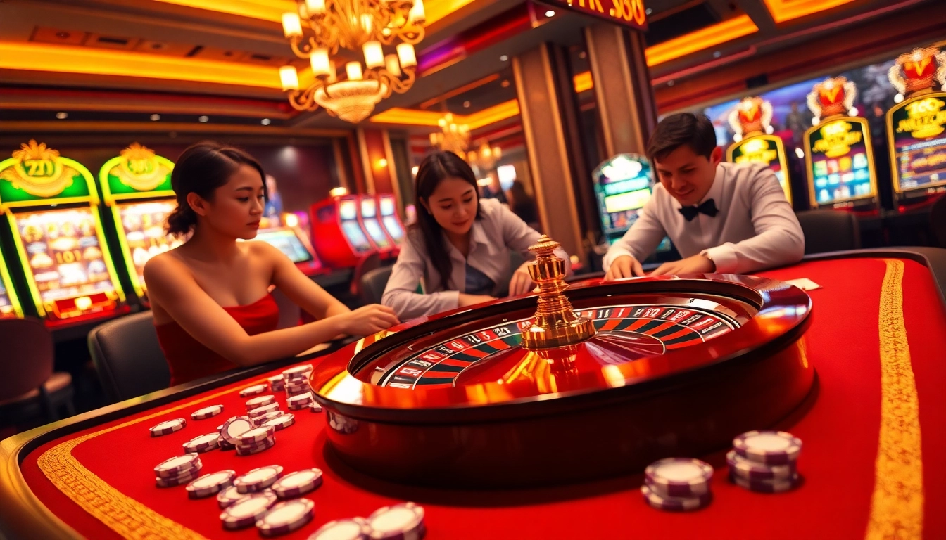 RR88 casino scene showcasing roulette, poker chips, and excited players competing.