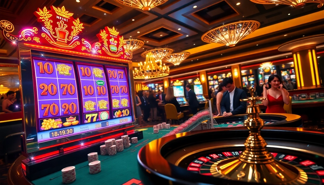 Exciting nổ hũ jackpot slot machine in a luxurious casino setting