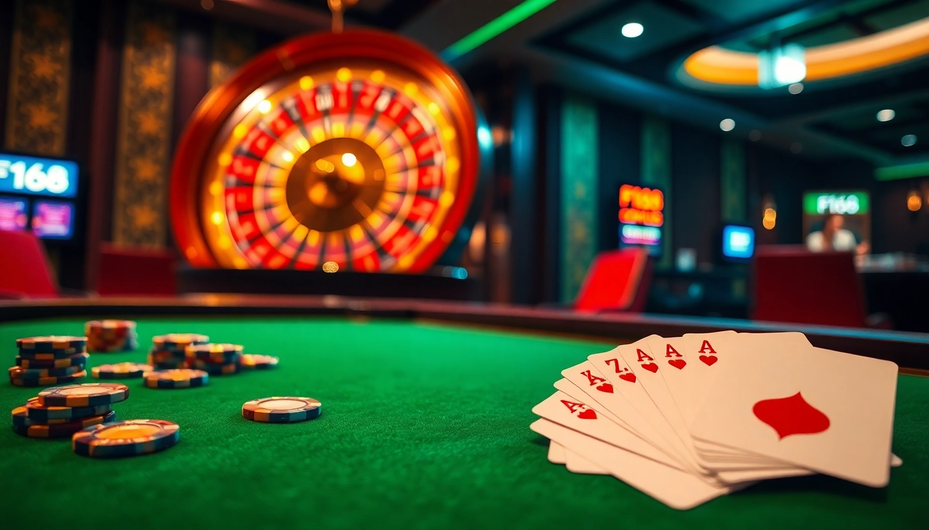 Playing cards and colorful chips on a gambling table featuring F168 promotions in a luxurious casino setting.