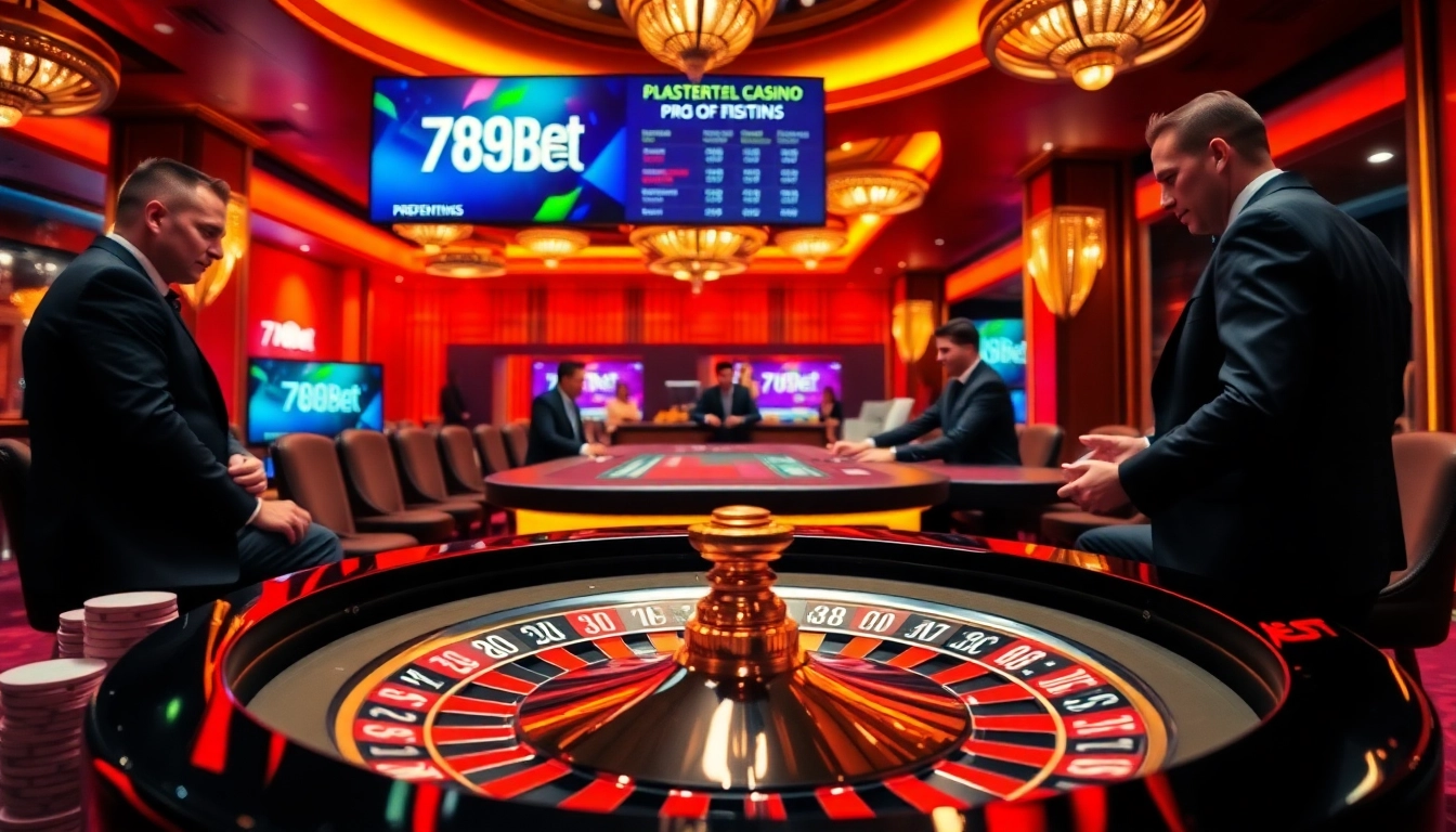High-energy gambling scene at 789bet casino showcasing roulette and poker games.